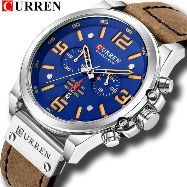 CURREN Mens Watches Top Luxury Brand Waterproof Sport Wrist Watch Chronograph Quartz Military Leather Relogio Masculino
