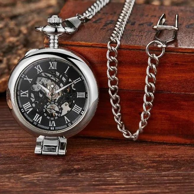 Olaf Orkina Mechanical Skeleton Pocket Watch Silver