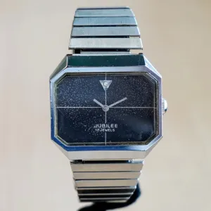 Vintage JUBILEE Watch 17 Jewels Diamond Dial S.S. Flex Bracelet Octagonal Case Wristwatch